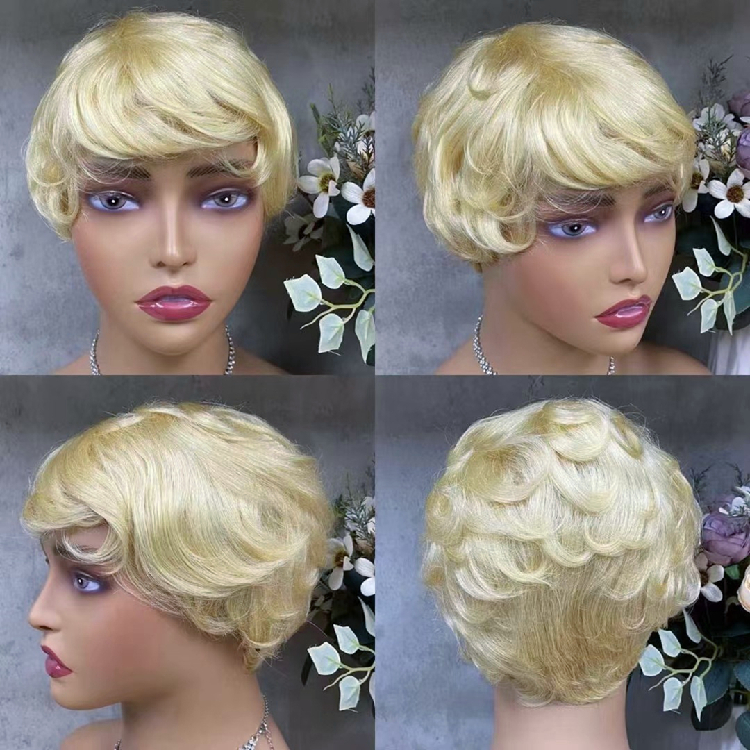 Uglam Pixie Cut Human Hair #613 Color Machine Made Wig 